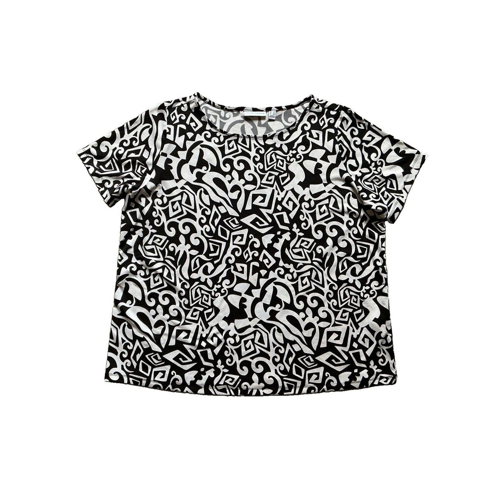 Susan Graver 1X Liquid Knit Top Women Black White Abstract Short Sleeve Stretch